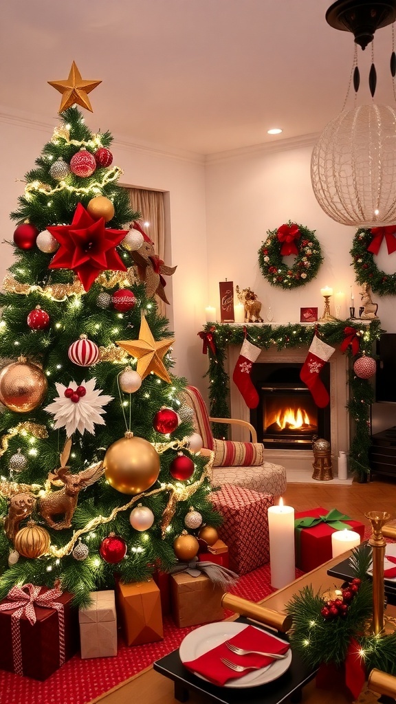 A cozy living room decorated for Christmas with a stylish tree, colorful ornaments, and a festive table setting.